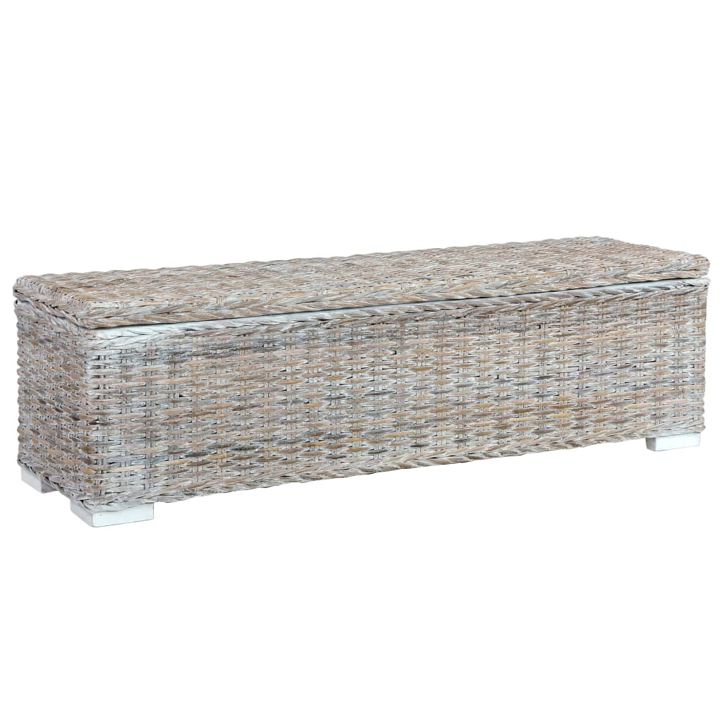 Diagonal view of a storage bench made of solid wood and covered in rattan wicker