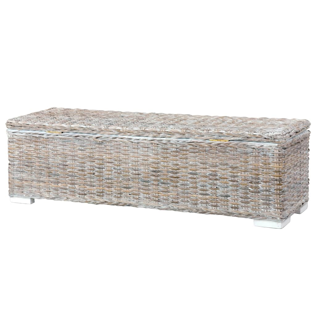 Front view of a storage bench made of solid wood and covered in rattan wicker