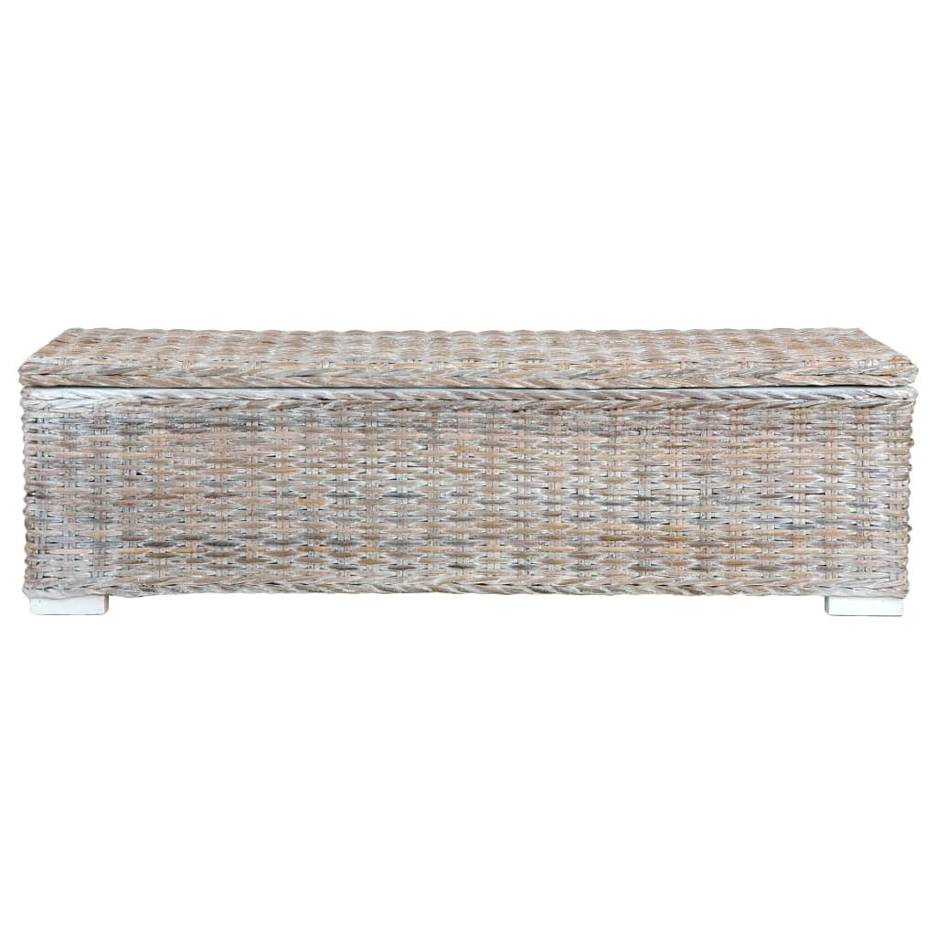 Full front view of a storage bench made of solid wood and covered in rattan wicker