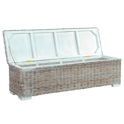 Open view of a storage bench made of solid wood and covered in rattan wicker