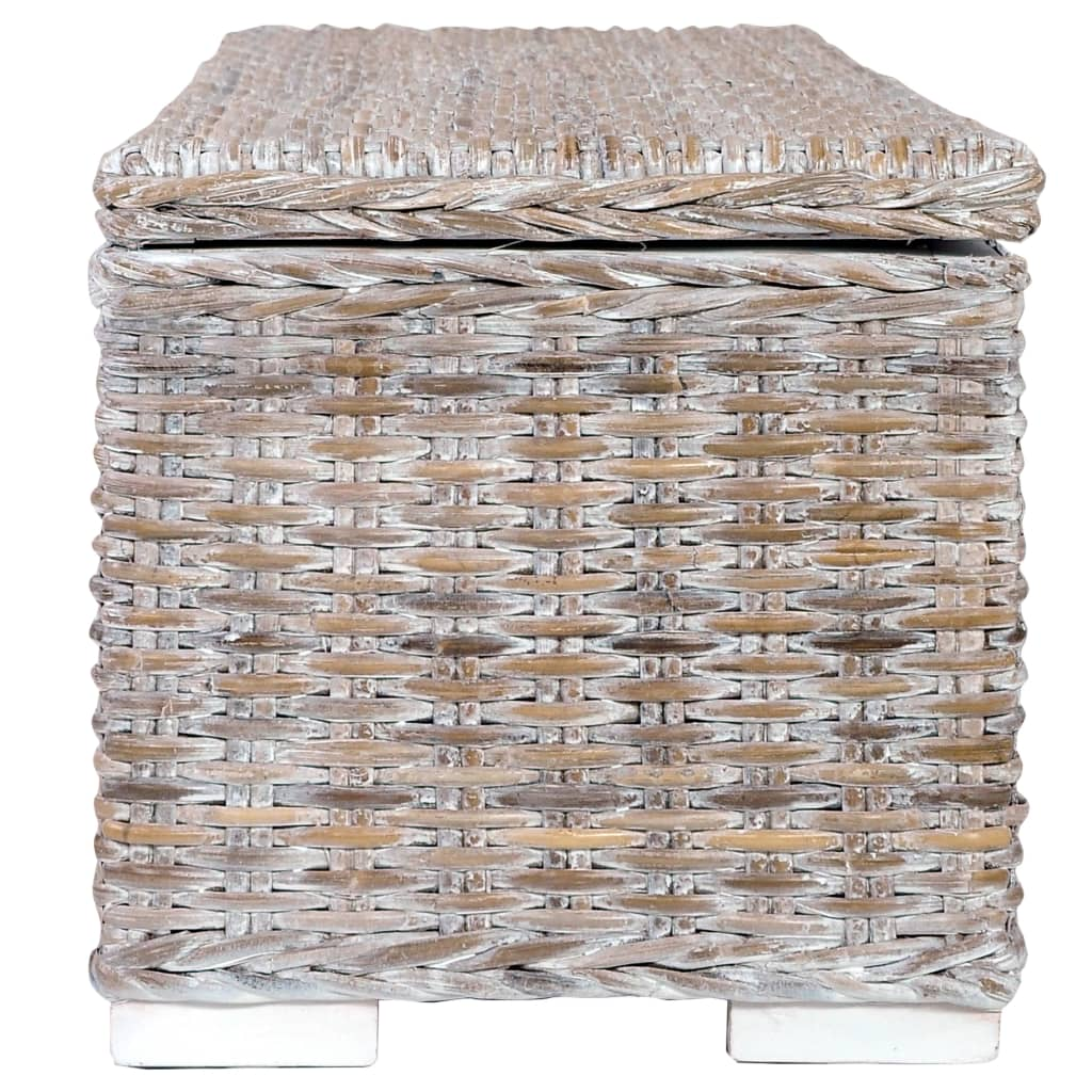 Side view of a storage bench made of solid wood and covered in rattan wicker