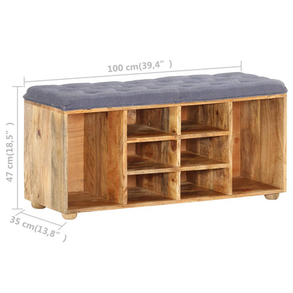 Sizing view of a rustic hallway storage bench made from solid wood