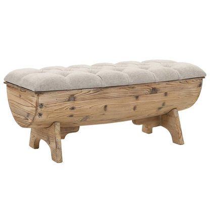 Diagonal view of a storage bench made from solid wood with a comfy tufted seat in a beige color great for hallway or entryway