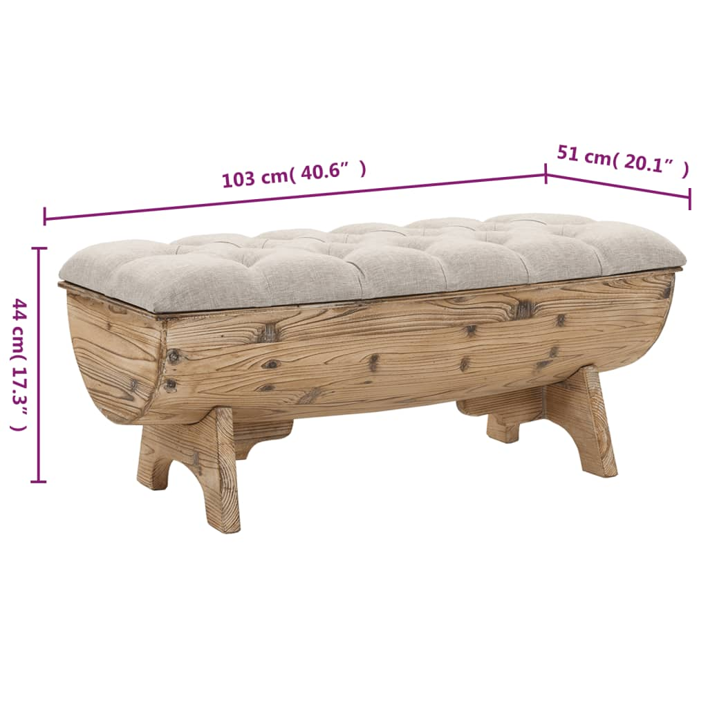 Sizing view of a storage bench made from solid wood with a comfy tufted seat in a beige color great for hallway or entryway