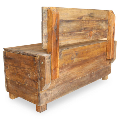 Back view of a rustic hallway storage bench made from reclaimed solid wood