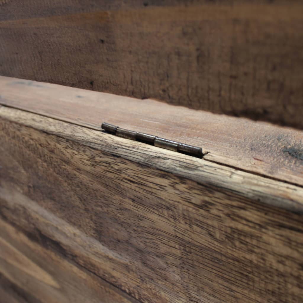 Closeup view of a rustic hallway storage bench made from reclaimed solid wood