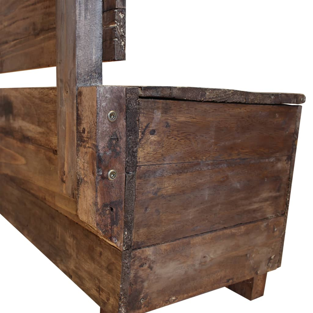 Corner view of a rustic hallway storage bench made from reclaimed solid wood