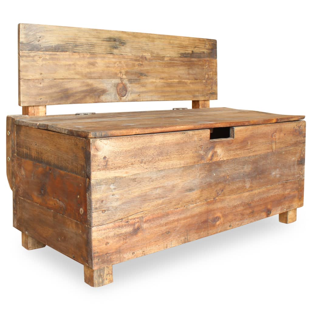 Diagonal view of a rustic hallway storage bench made from reclaimed solid wood