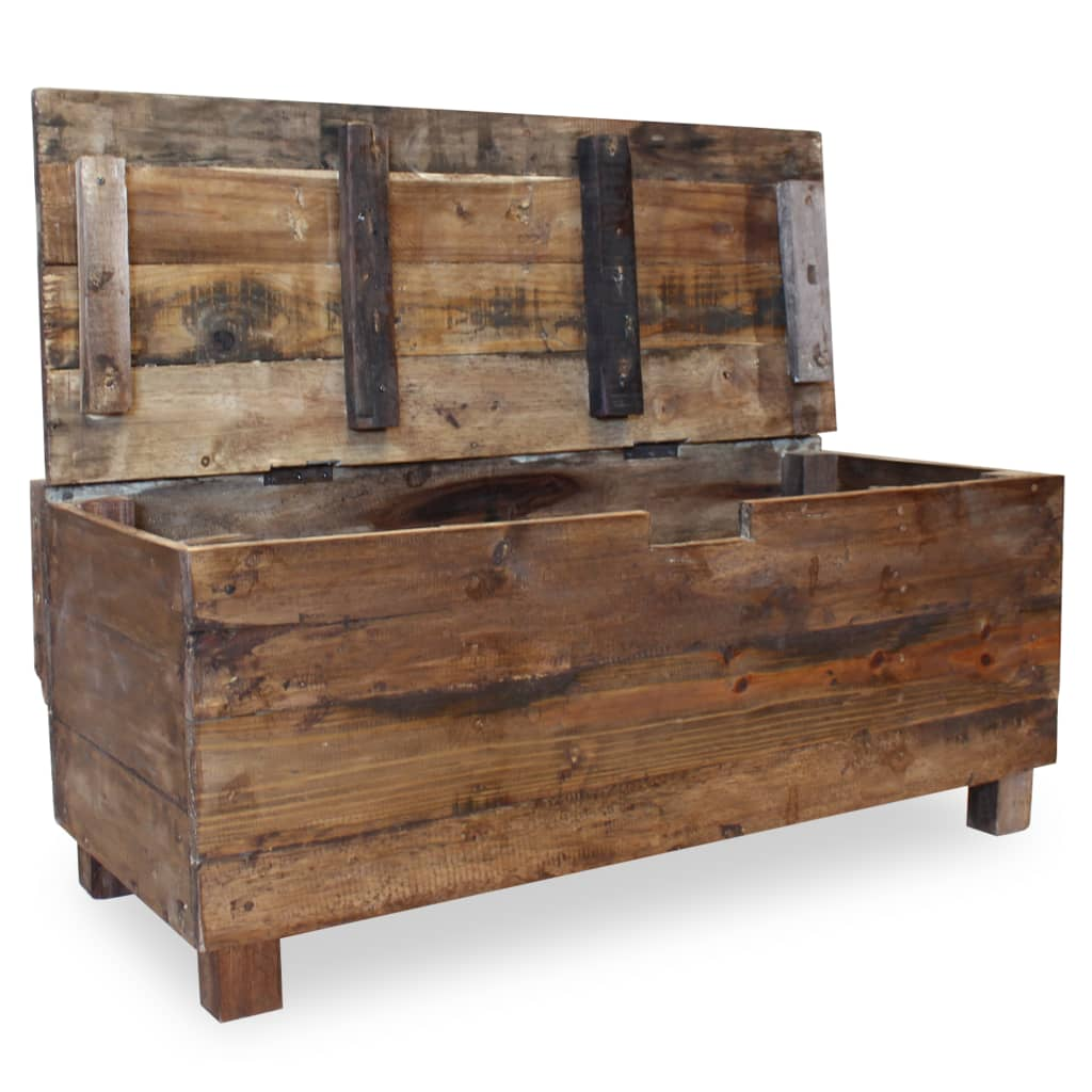 Open view of a rustic hallway storage bench made from reclaimed solid wood