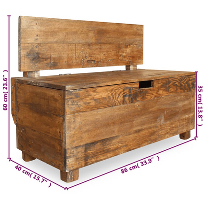 Sizing view of a rustic hallway storage bench made from reclaimed solid wood