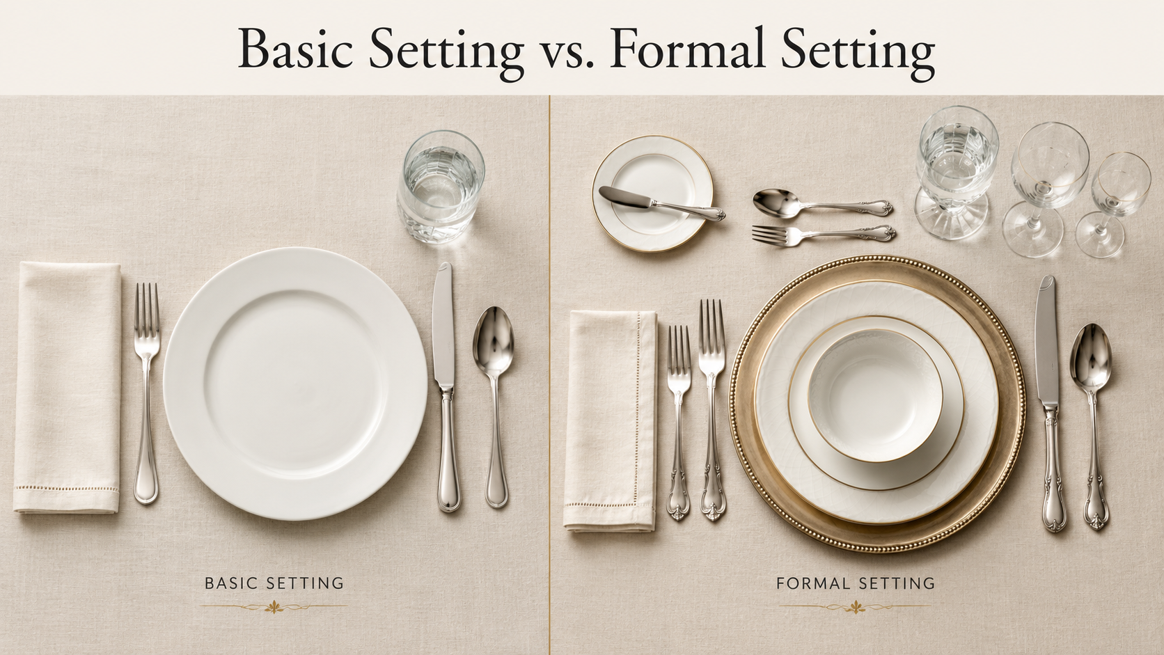 The difference between a basic everyday plate setting and a formal place setting