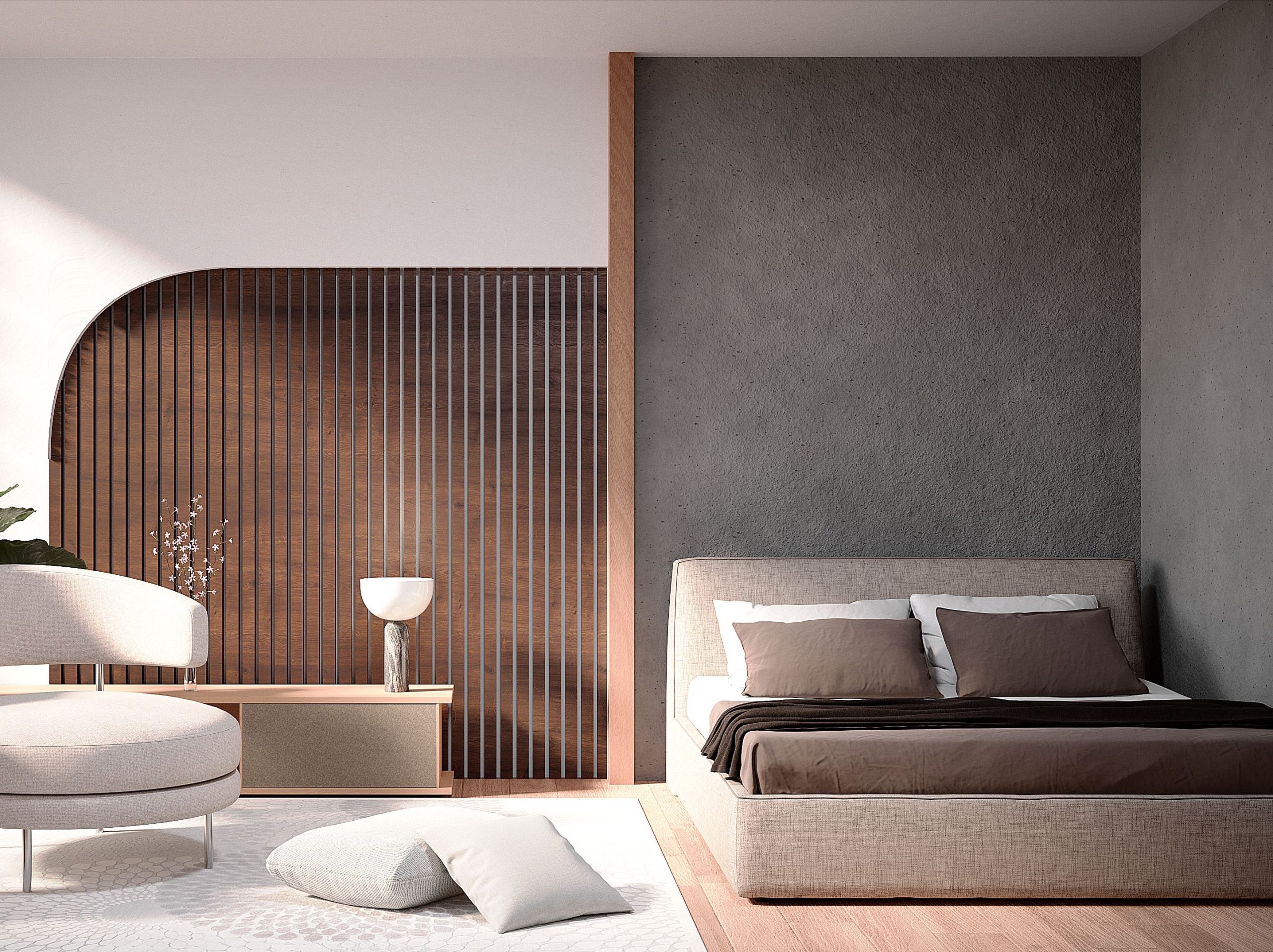 Interior design bedroom in espresso and gray color palette