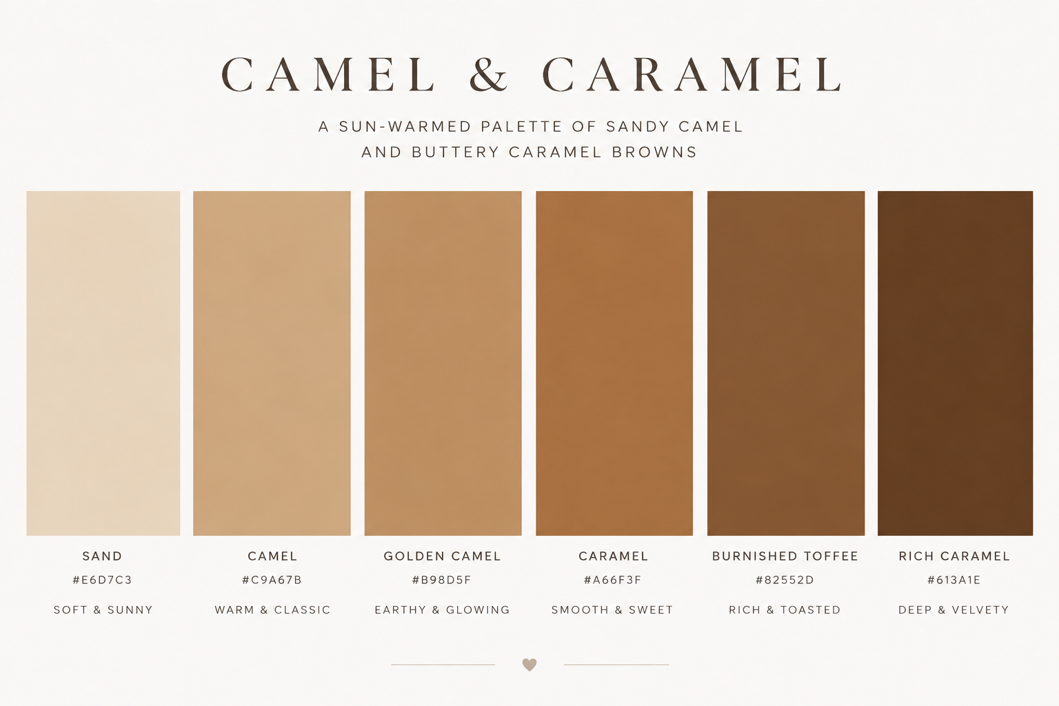 A caramel and honey-toned palette of six color swatches including sand, camel, golden camel, caramel, burnished toffee, and rich caramel, along with their associated hex codes