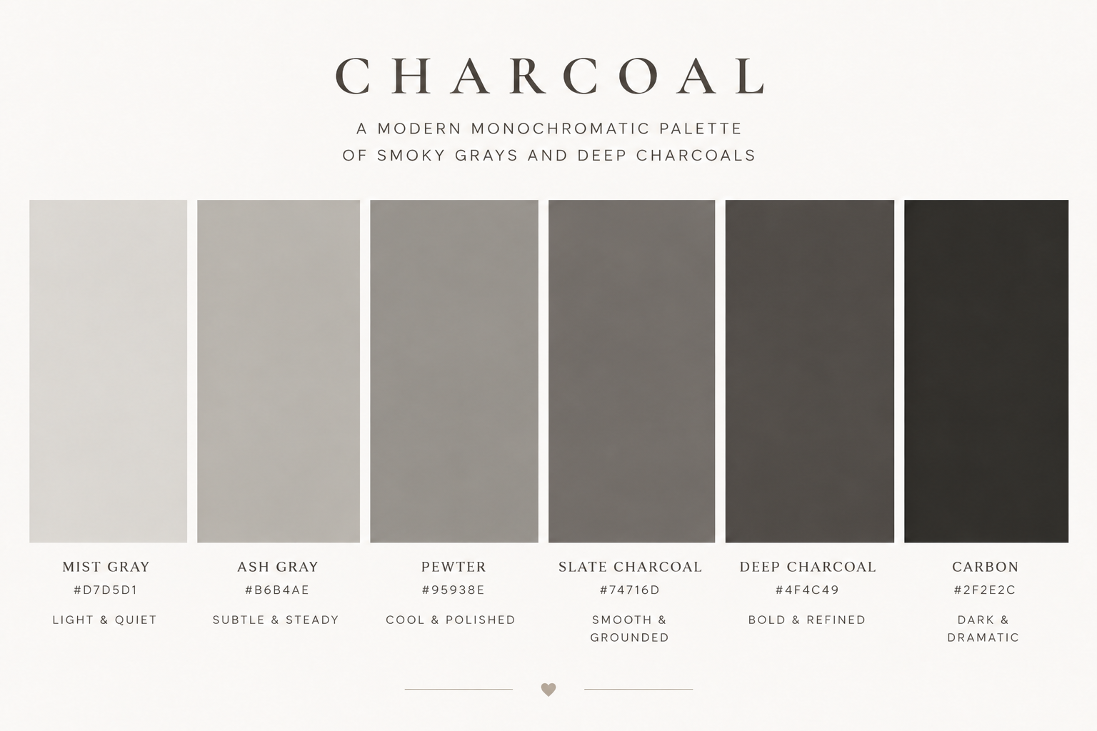 A palette containing six color swatches of smoky grays including mist gray, ash gray, pewter, slate charcoal, deep charcoal, and carbon, along with their associated hex codes
