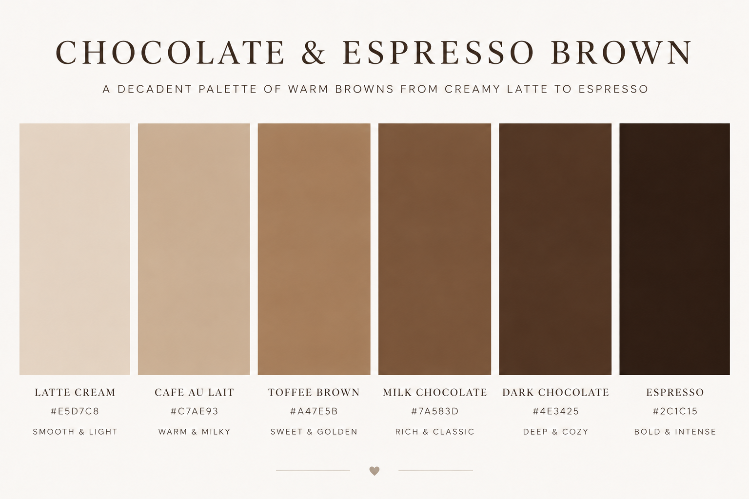Six color swatches make up this palette of luscious browns including latte cream, cafe au lait, toffee brown, milk chocolate, dark chocolate, and espresso, along with their associated hex codes