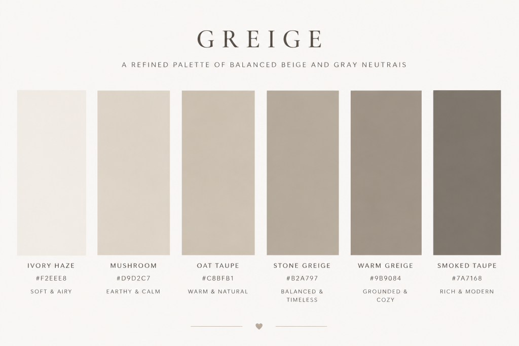 Six color swatches make up this palette of grayish-beige and neutral colors including ivory haze, mushroom, oat taupe, stone greige, warm greige, and smoked taupe, along with their associated hex codes