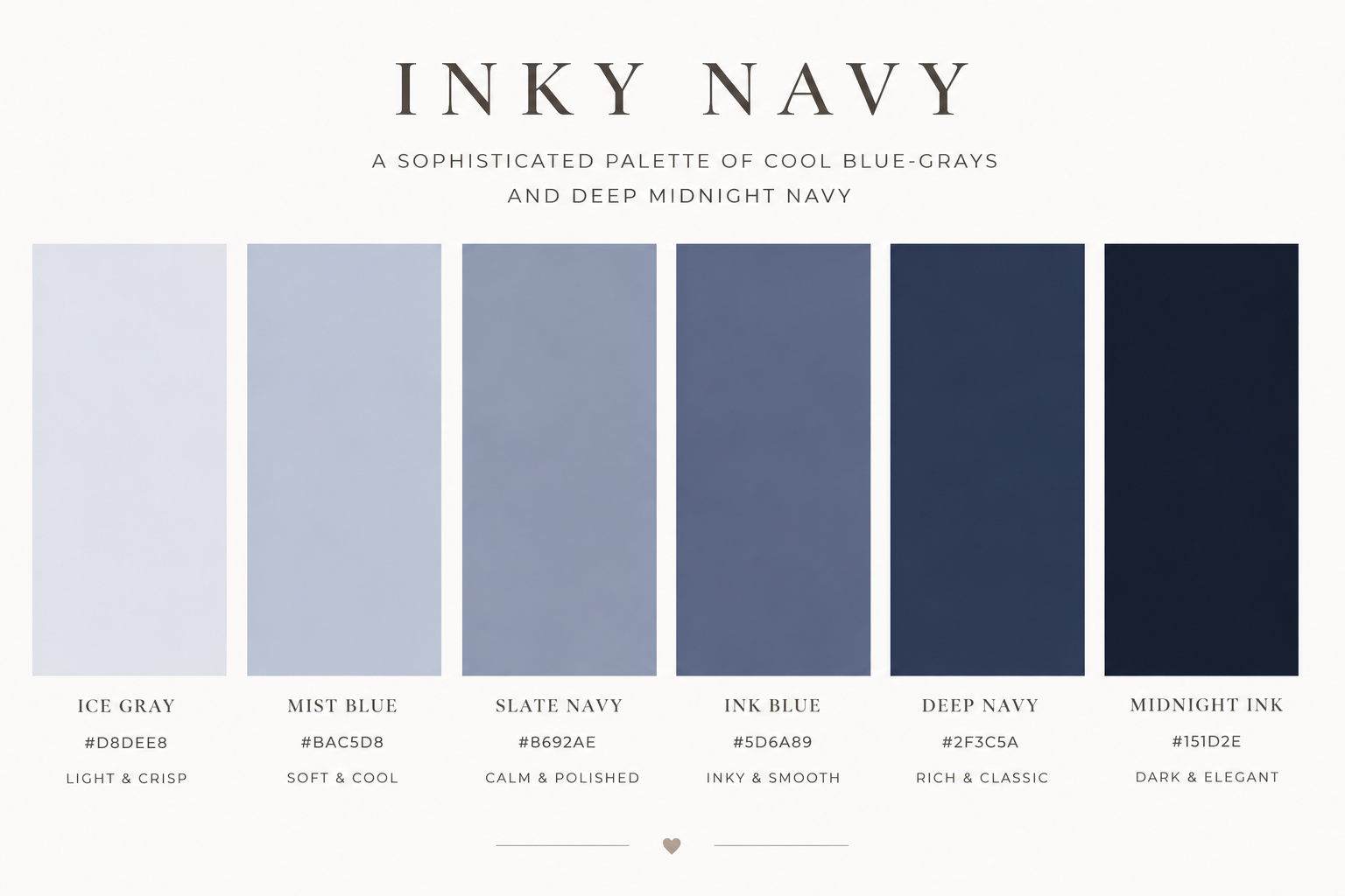 Six color swatches make up this palette of sophisticated gray ad navy colors including ice gray, mist blue, slate navy, ink blue, deep navy, and midnight ink and their associated hex codes
