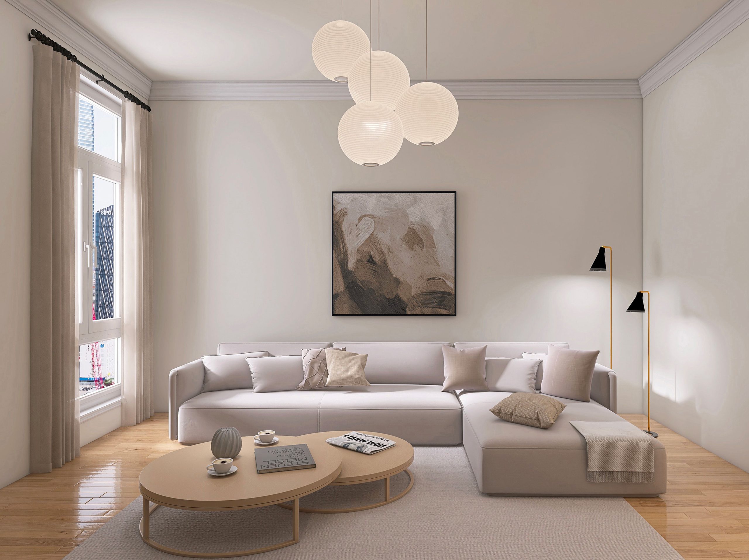 Greige palette living room with large pendant lighting and sectional sofa