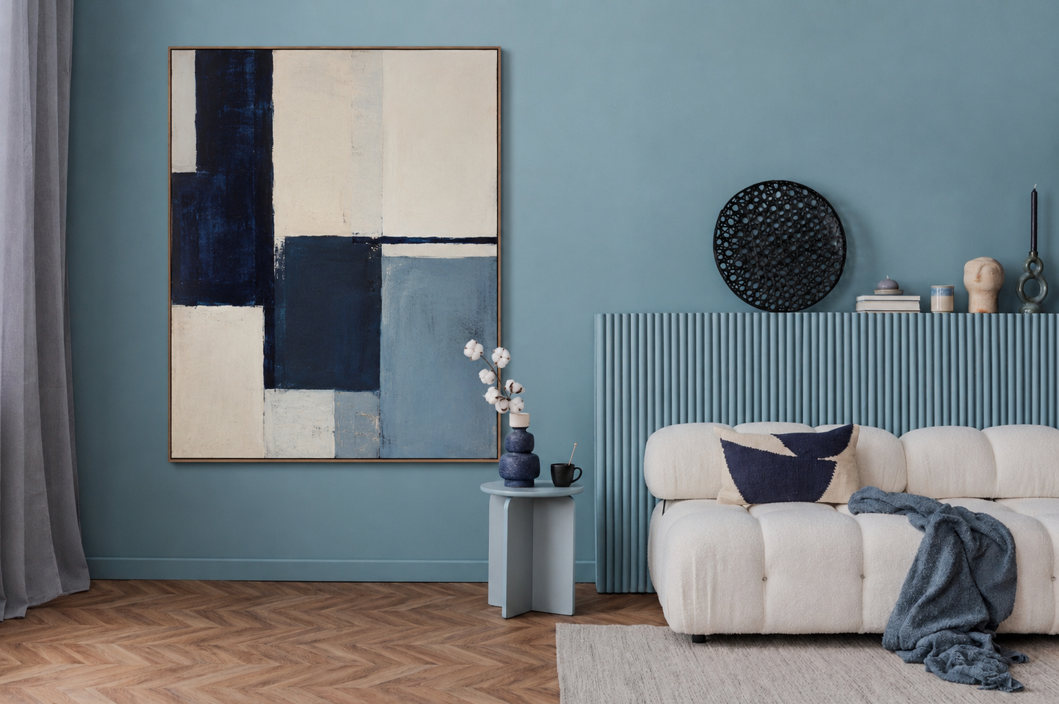 large wall art blue white navy palete