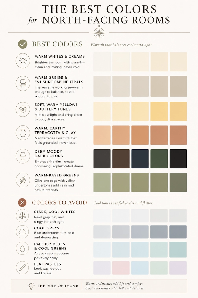 Quick-reference guide for choosing the best colors to paint a north-facing room or a room without direct sunlight.