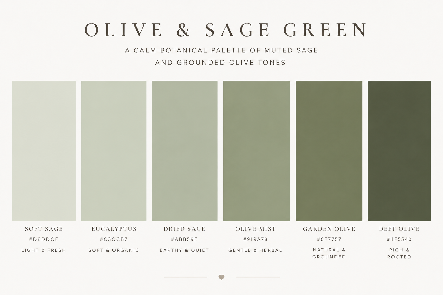 Six color swatches making up a palette of organic green colors including soft sage, eucalyptus, dried sage, olive mist, garden olive, deep oilve, and their associated hex codes