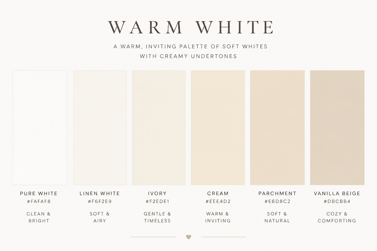 Six color swatches making up a palette of warm white colors which include pure white, linen white, ivory, cream, parchment, vanilla beige, and their associated hex codes.