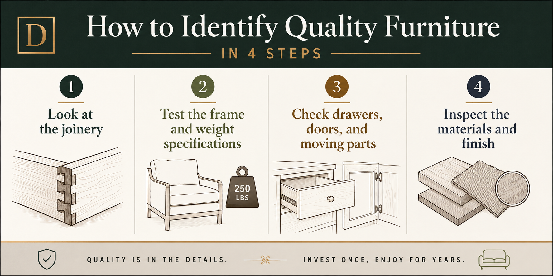 How to identify quality furniture in 4 steps infographic